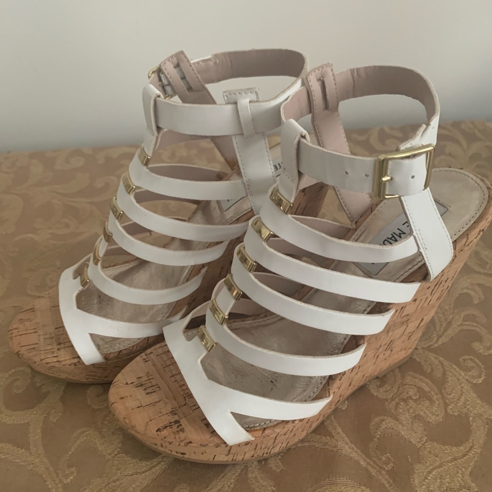 Elegant White Strappy Wedge Sandals